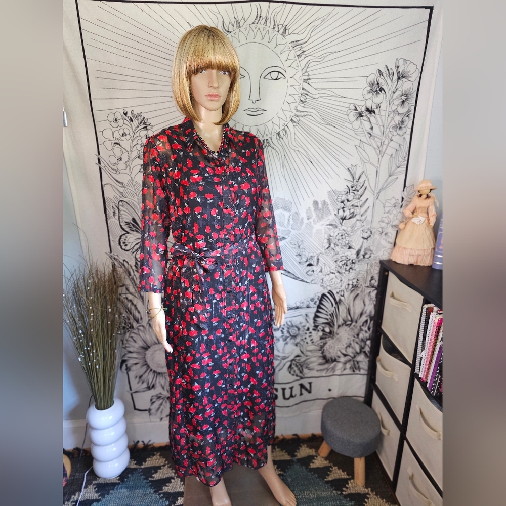 Like New Freebird Black and Red Floral Sheer Dress Duster Size Medium